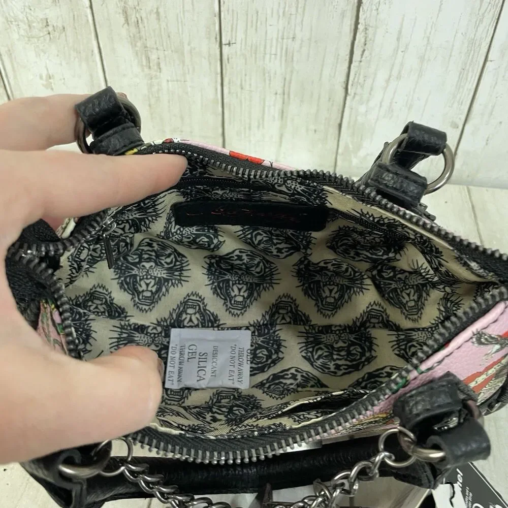 Ed Hardy Pink/Black Skull Tattoo Satchel Purse Studded Embroidered Zip Charm NWT